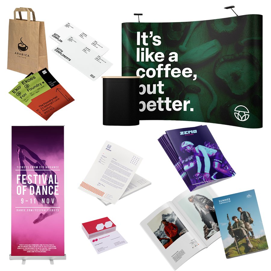 A collage of printed work — paper bags, compliment slips, event tickets, an exhibition stand, a roller banner, brochures, business cards and magazines
